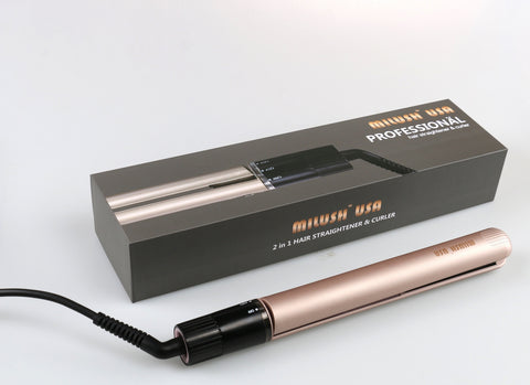MILUSH USA Hair Straightener, Curling Iron or Curler Flat Iron - 2 in 1 Tourmaline Ceramic Salon Quality for All Hair Type - Rotating Adjustable Temperature, Fast Heat-Up, Travel Size -25% OFF